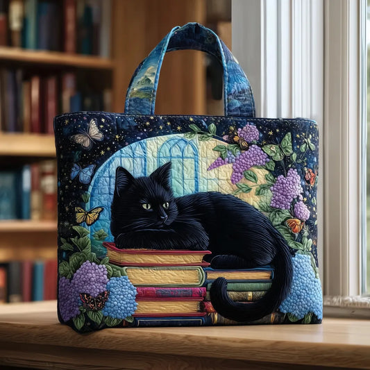 Sac cabas matelassé - Chat noir sur des livres