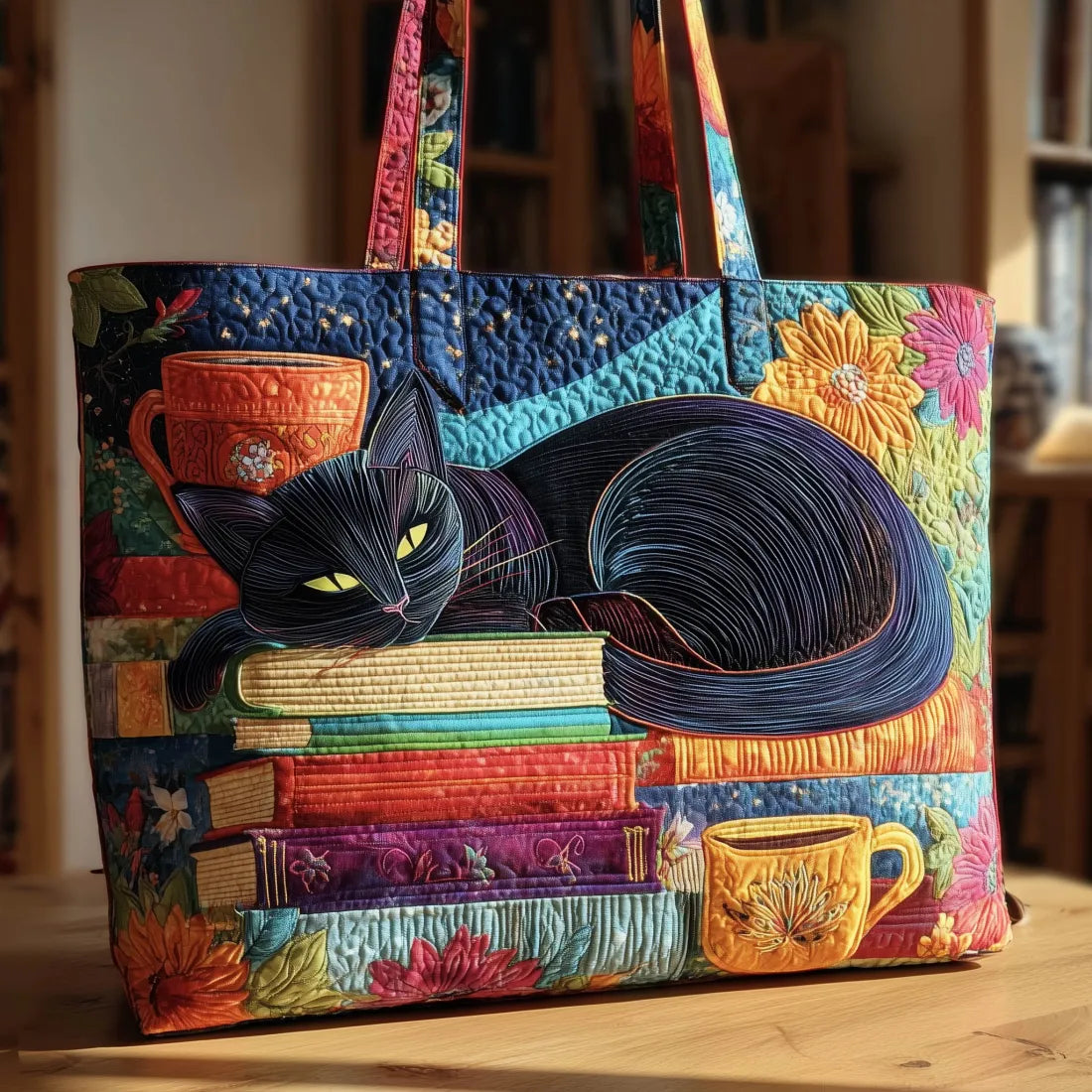 Sac cabas matelassé - Chat noir avec des livres et des tasses