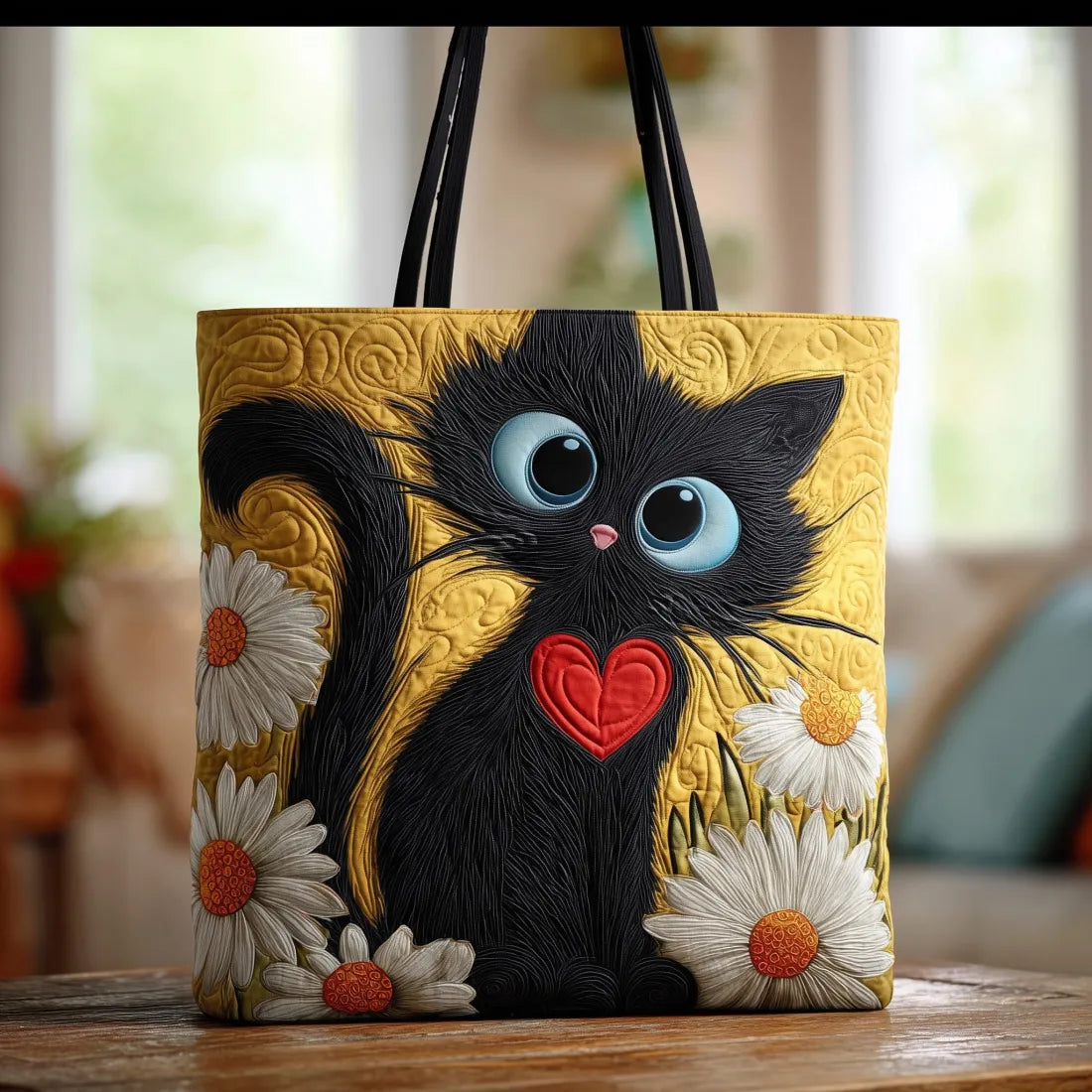 Sac fourre-tout matelassé - Chat noir avec marguerites
