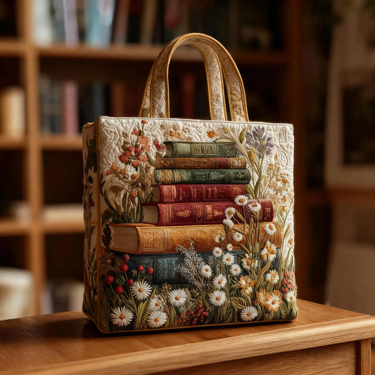 Sac cabas matelassé - Livres et marguerites
