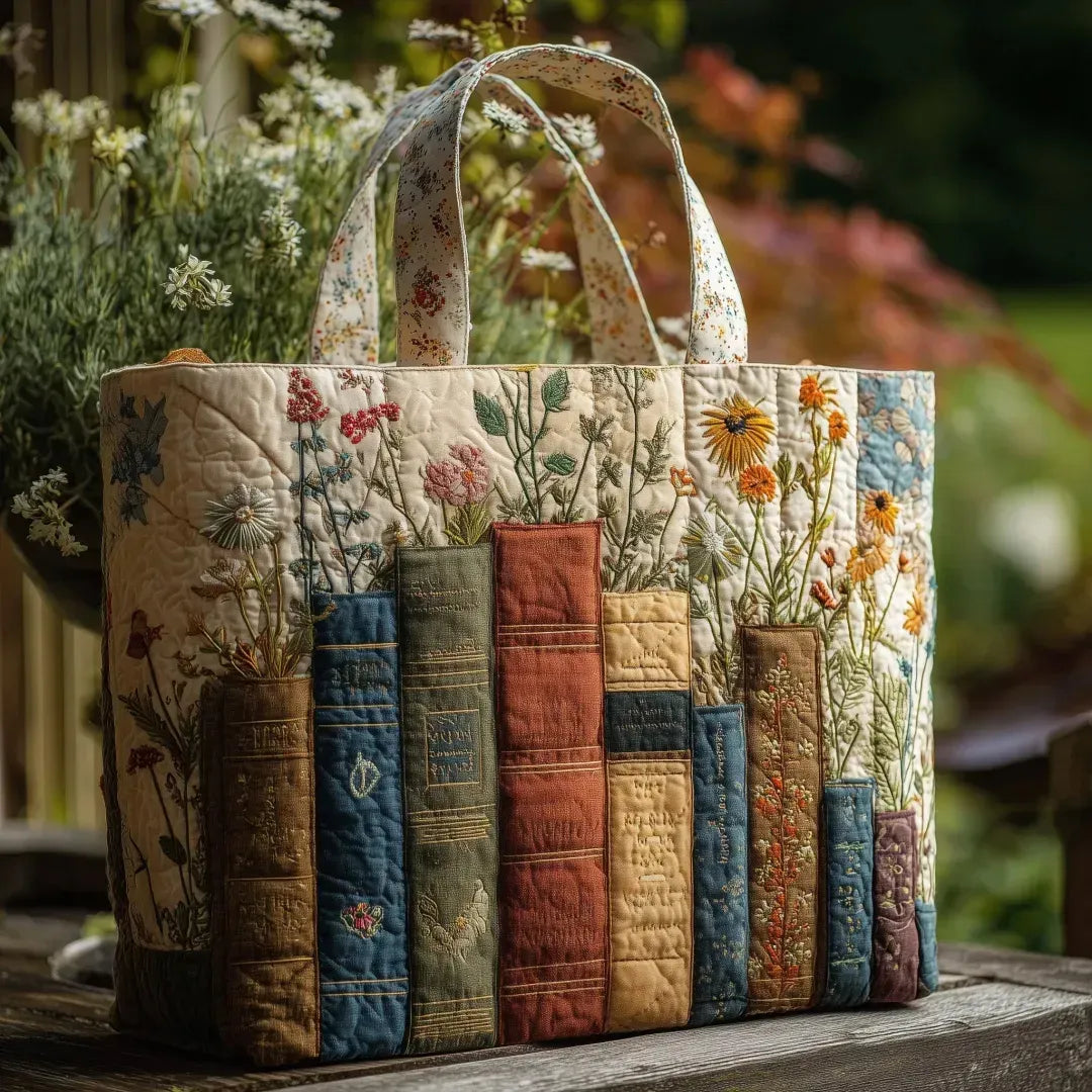 Sac cabas matelassé - Livres et fleurs sauvages