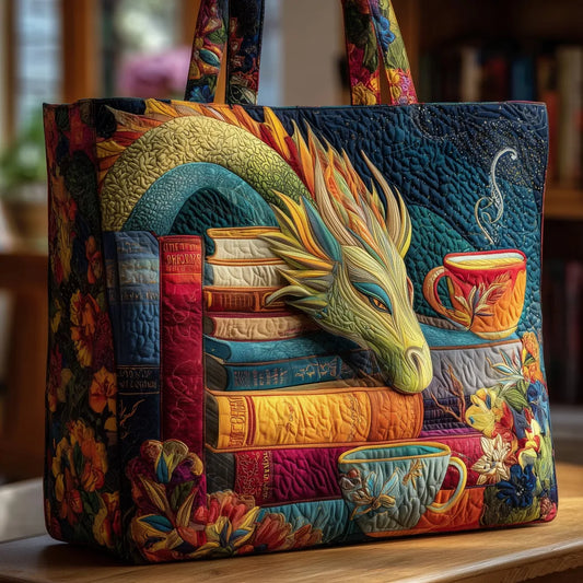 Sac cabas matelassé - Dragon lecteur avec des livres