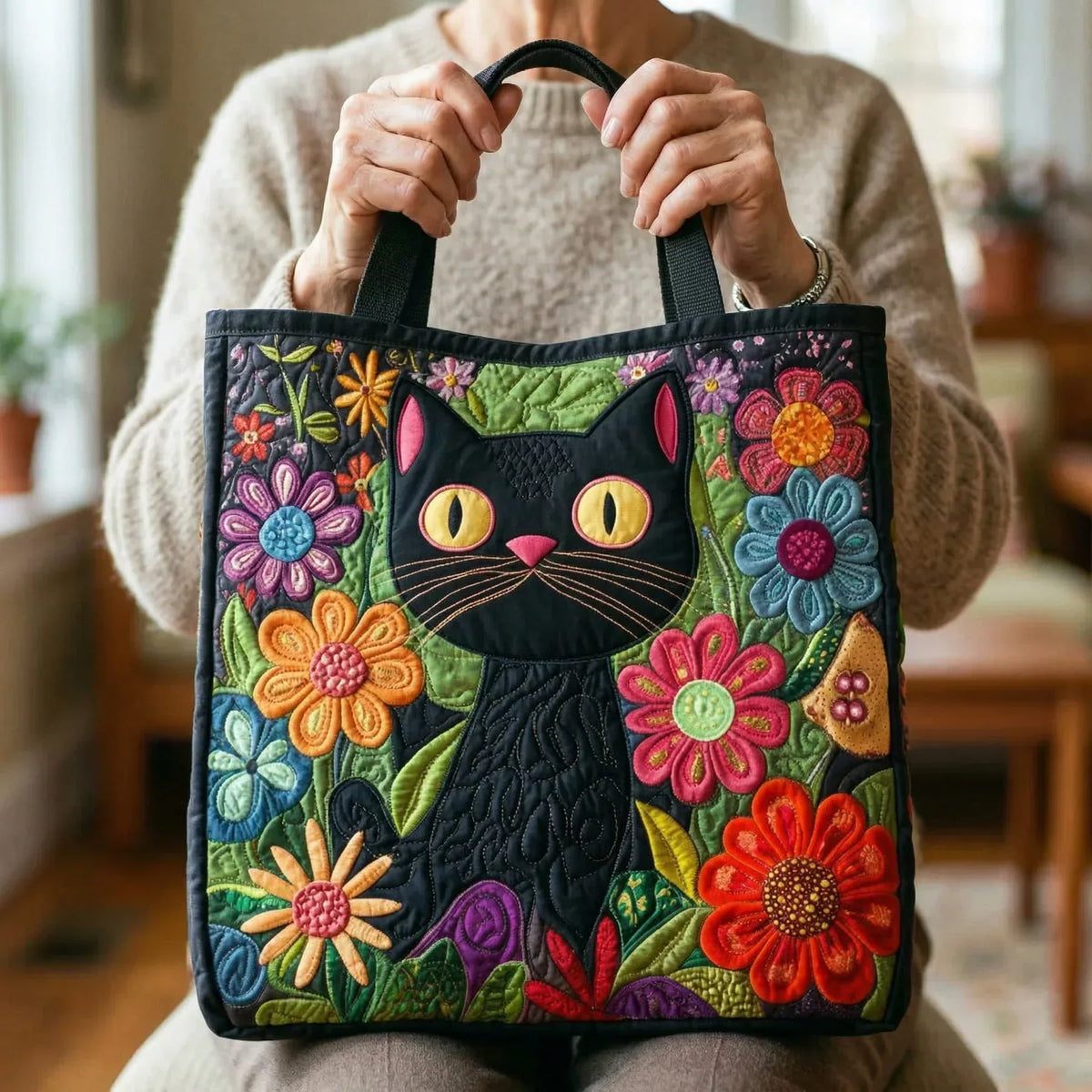 Sac cabas matelassé - Chat noir enchanté