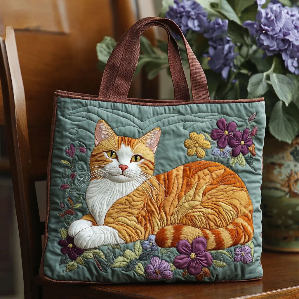 Sac cabas matelassé – Chat roux avec des fleurs