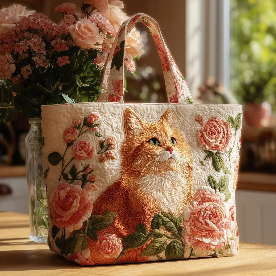 Sac cabas matelassé - Chat roux avec des roses