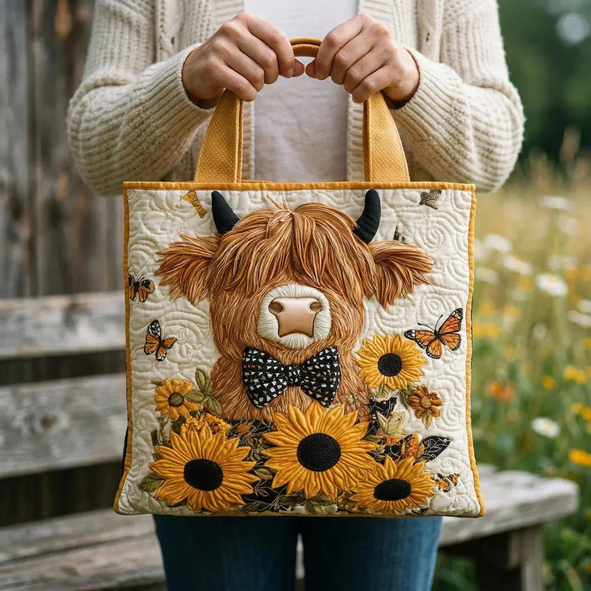 Sac cabas matelassé - Vache Highland avec tournesols
