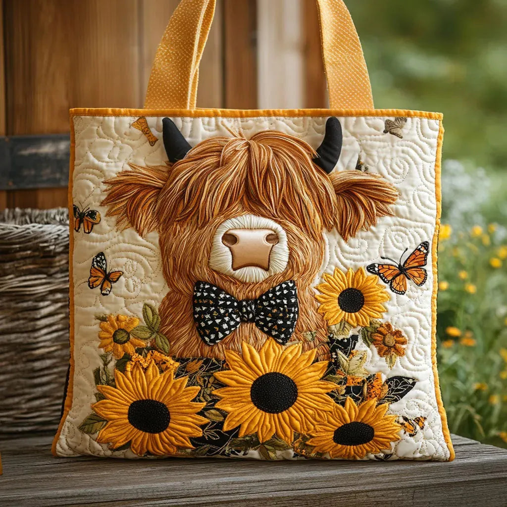 Sac cabas matelassé - Vache Highland avec tournesols