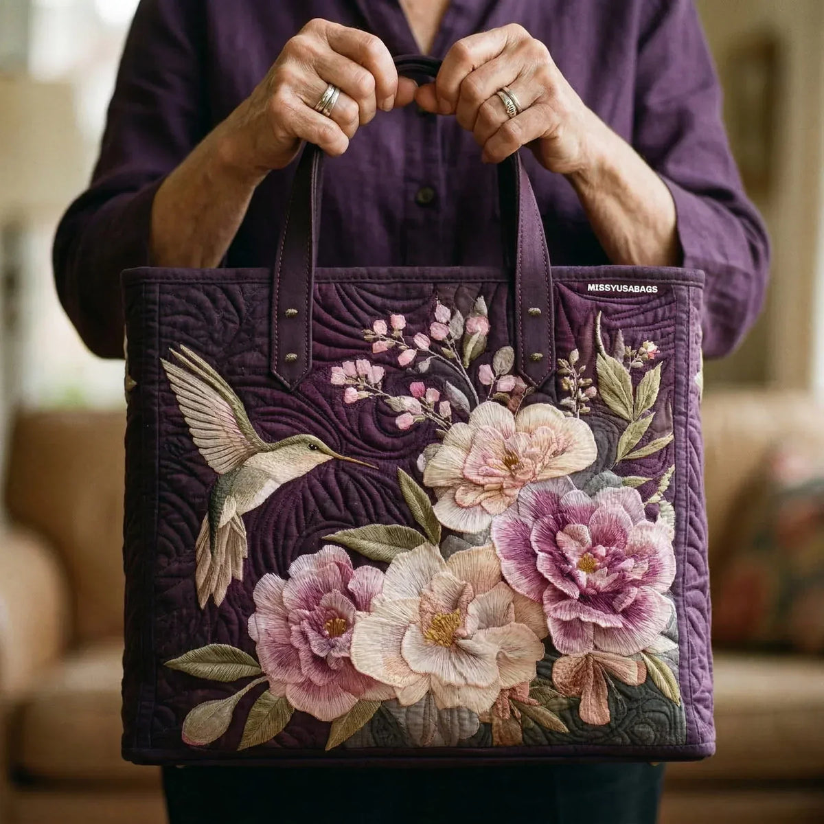 Sac fourre-tout matelassé - Colibri et fleurs roses