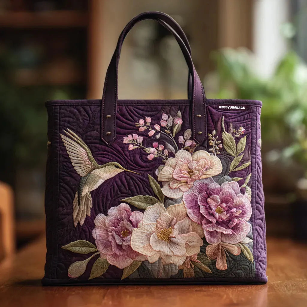 Sac fourre-tout matelassé - Colibri et fleurs roses