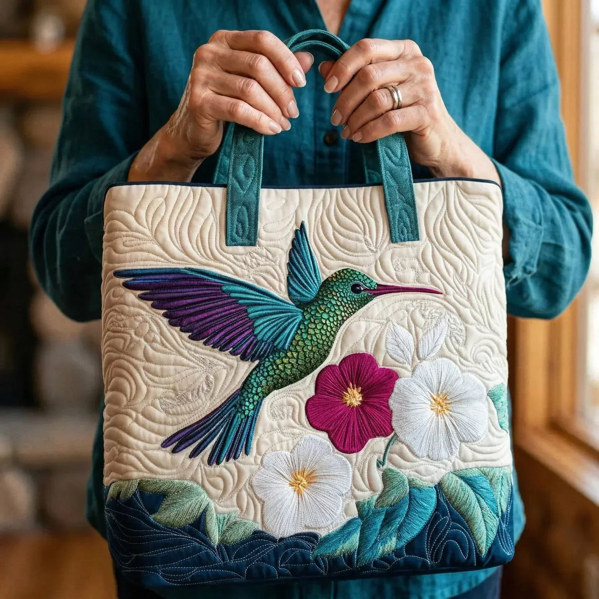 Sac cabas matelassé - Colibri et fleurs blanches