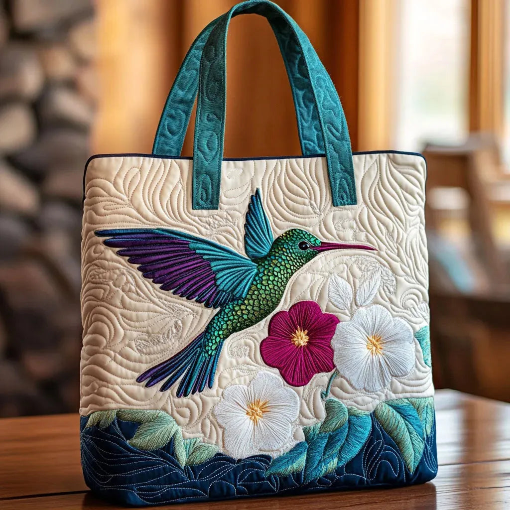 Sac cabas matelassé - Colibri et fleurs blanches
