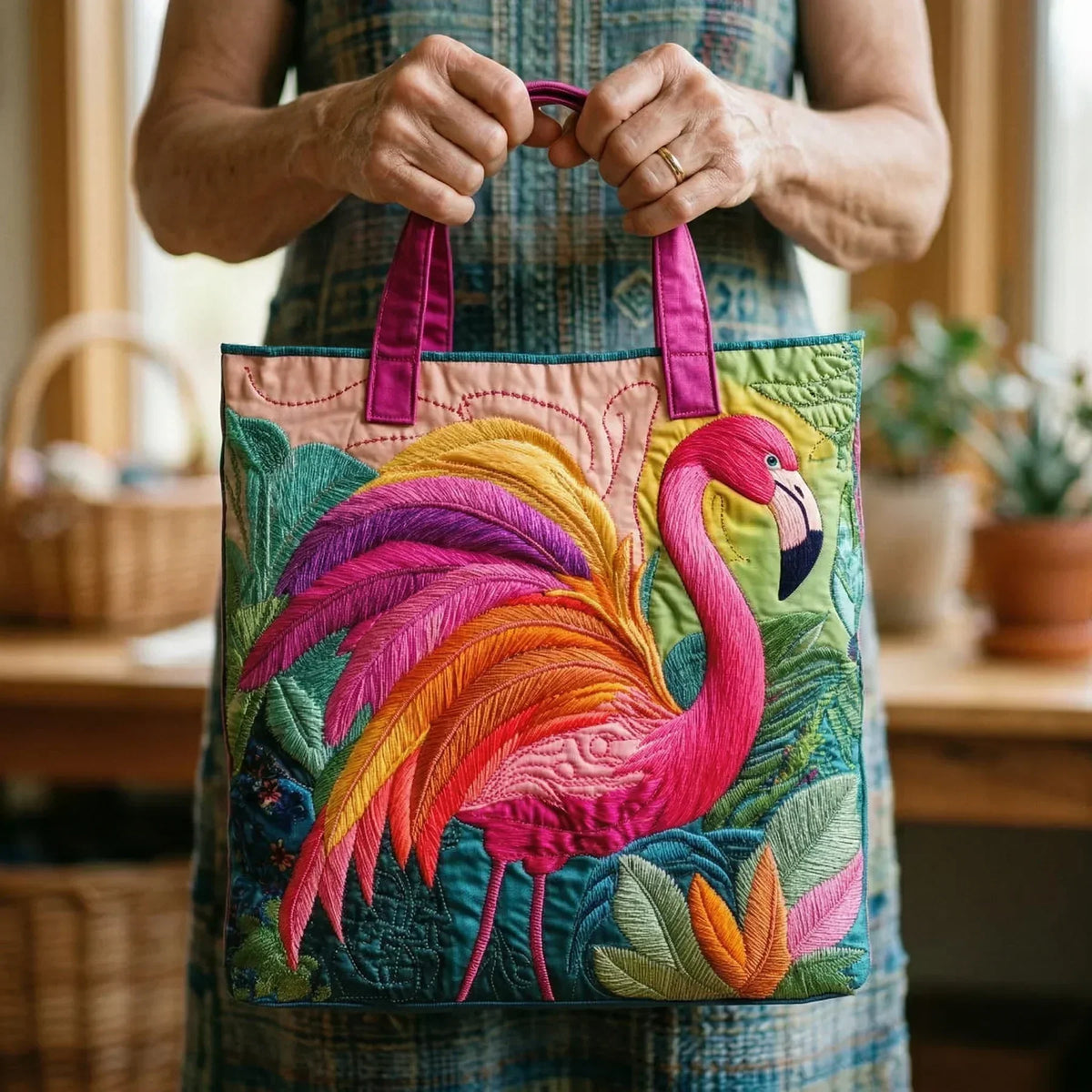 Sac cabas matelassé - flamant rose arc-en-ciel