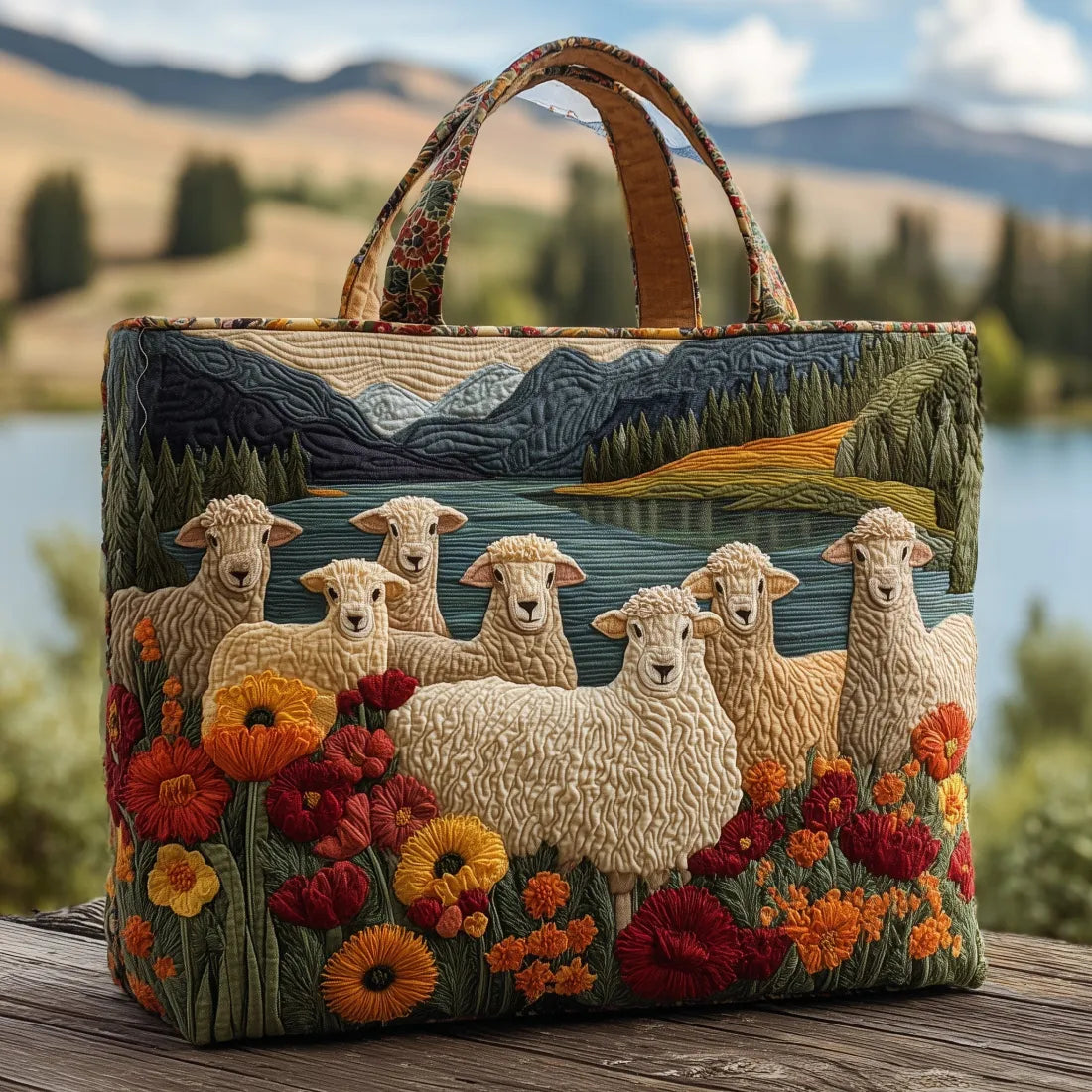 Sac cabas matelassé - Moutons au bord du lac