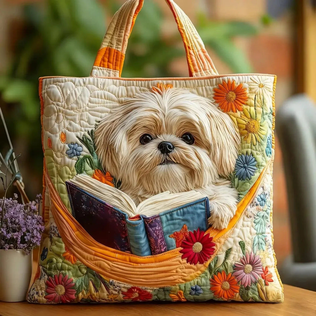 Sac fourre-tout matelassé – Shih Tzu avec des livres et des fleurs