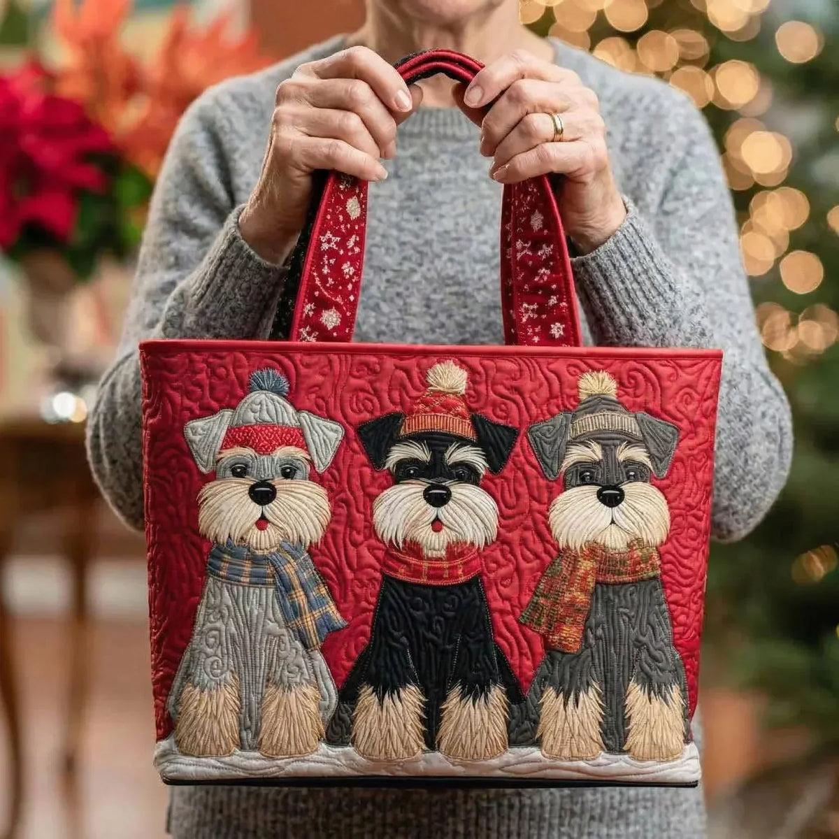 Sac cabas matelassé - Trois schnauzers en hiver