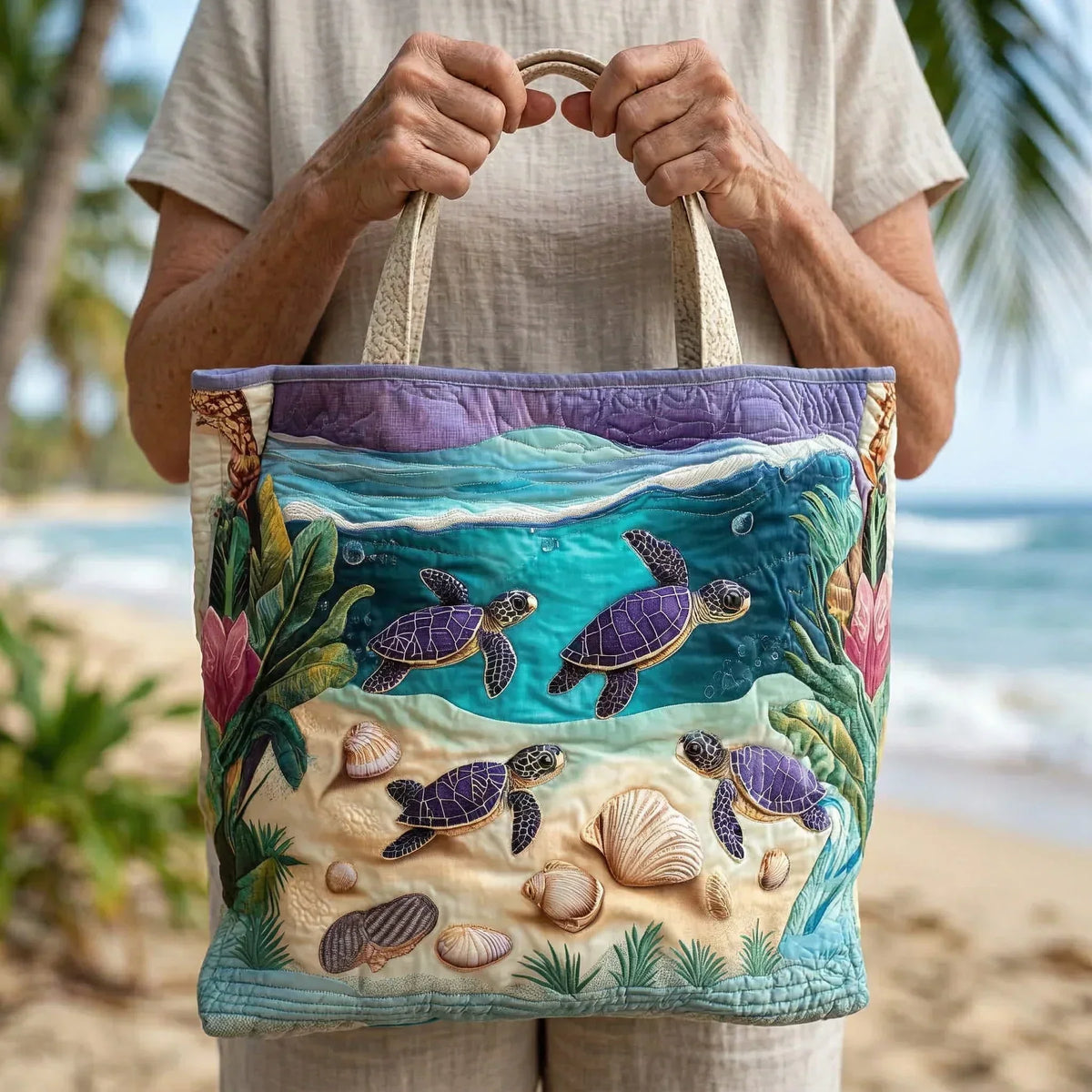 Sac cabas matelassé - Tortues dans le lagon
