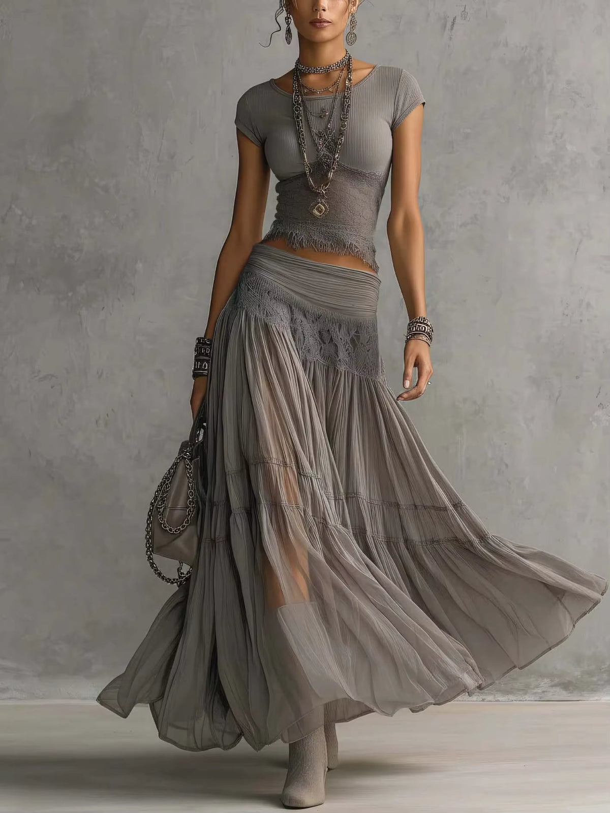 Eloise | Ensemble maxi en dentelle et plissé