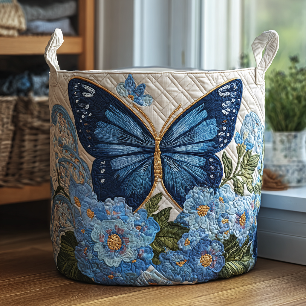 Panier matelassé avec des papillons en vol