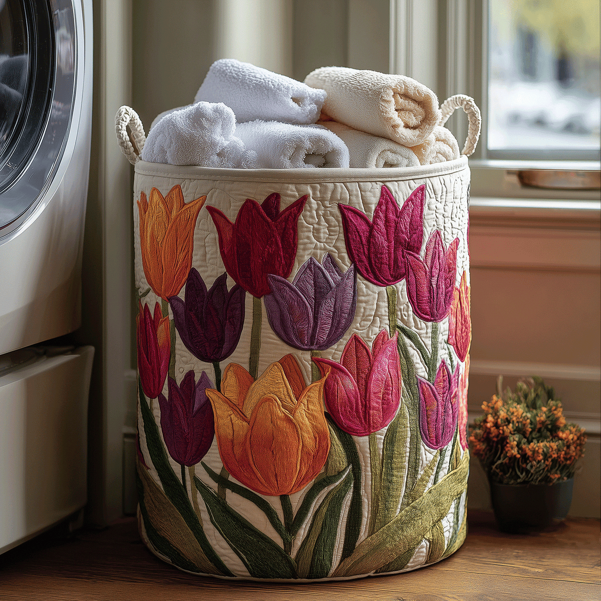 Panier rembourré avec tulipes en fleurs