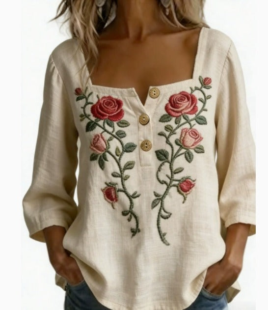 Amelia: blusa sencilla con cuello cuadrado y mangas largas