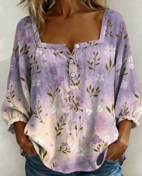 Amelia: blusa sencilla con cuello cuadrado y mangas largas