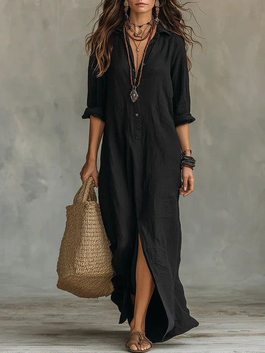 Céline™ | Vestido largo negro de corte holgado con botones delanteros