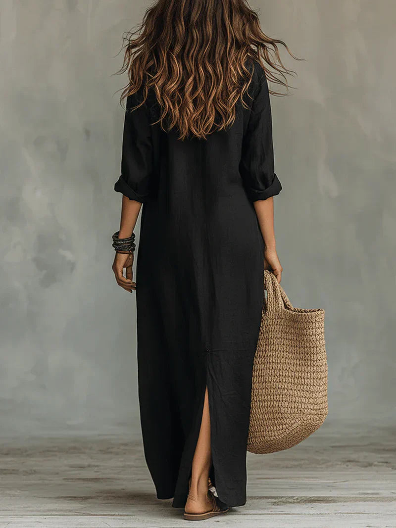 Céline™ | Vestido largo negro de corte holgado con botones delanteros
