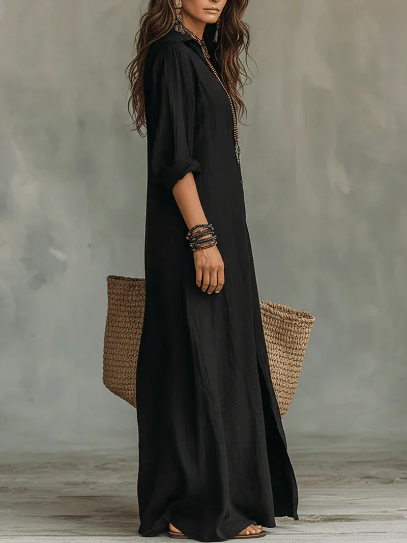 Céline™ | Vestido largo negro de corte holgado con botones delanteros