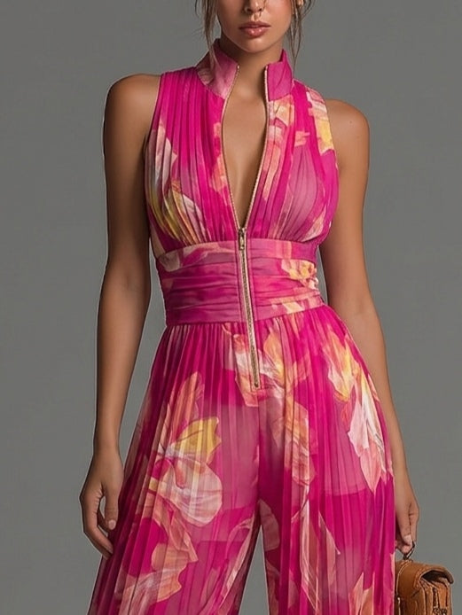 Nicole | Mono plisado de gasa con estampado floral fucsia