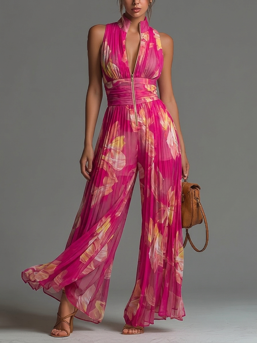 Nicole | Mono plisado de gasa con estampado floral fucsia