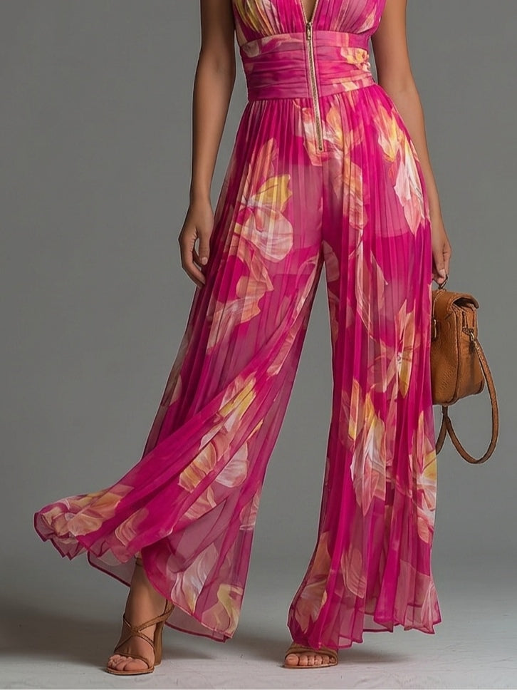 Nicole | Mono plisado de gasa con estampado floral fucsia