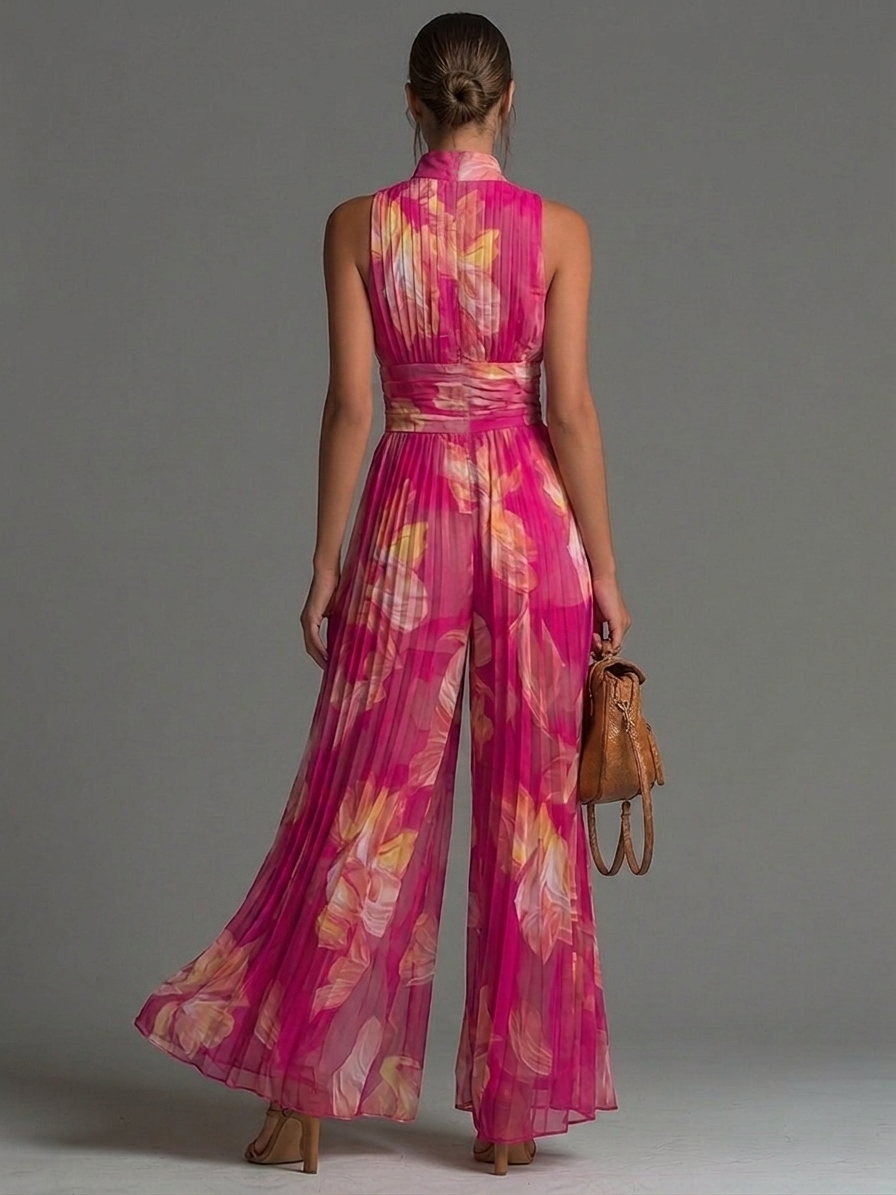 Nicole | Mono plisado de gasa con estampado floral fucsia