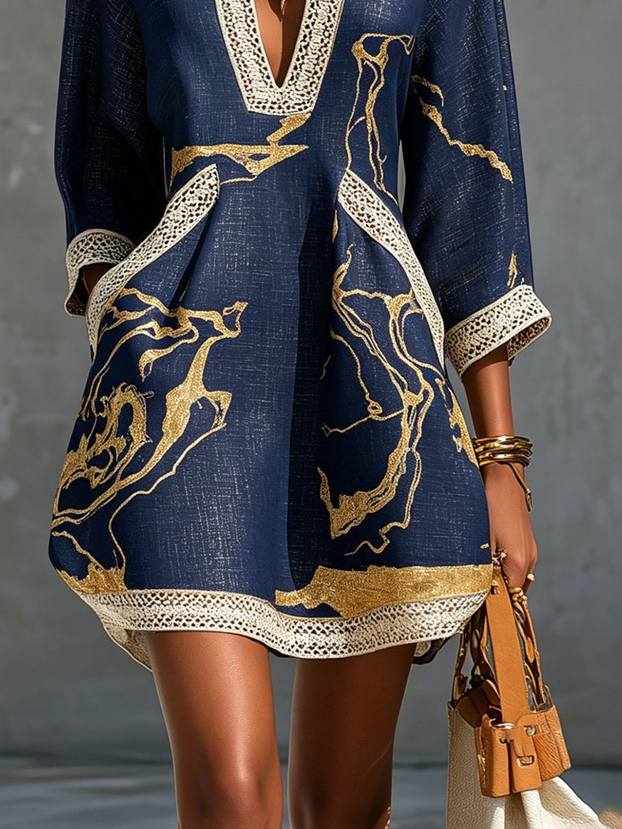 COSETTE | VESTIDO MINI DE ENCAJE AZUL MARINO Y DORADO