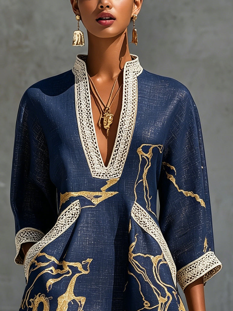 COSETTE | VESTIDO MINI DE ENCAJE AZUL MARINO Y DORADO