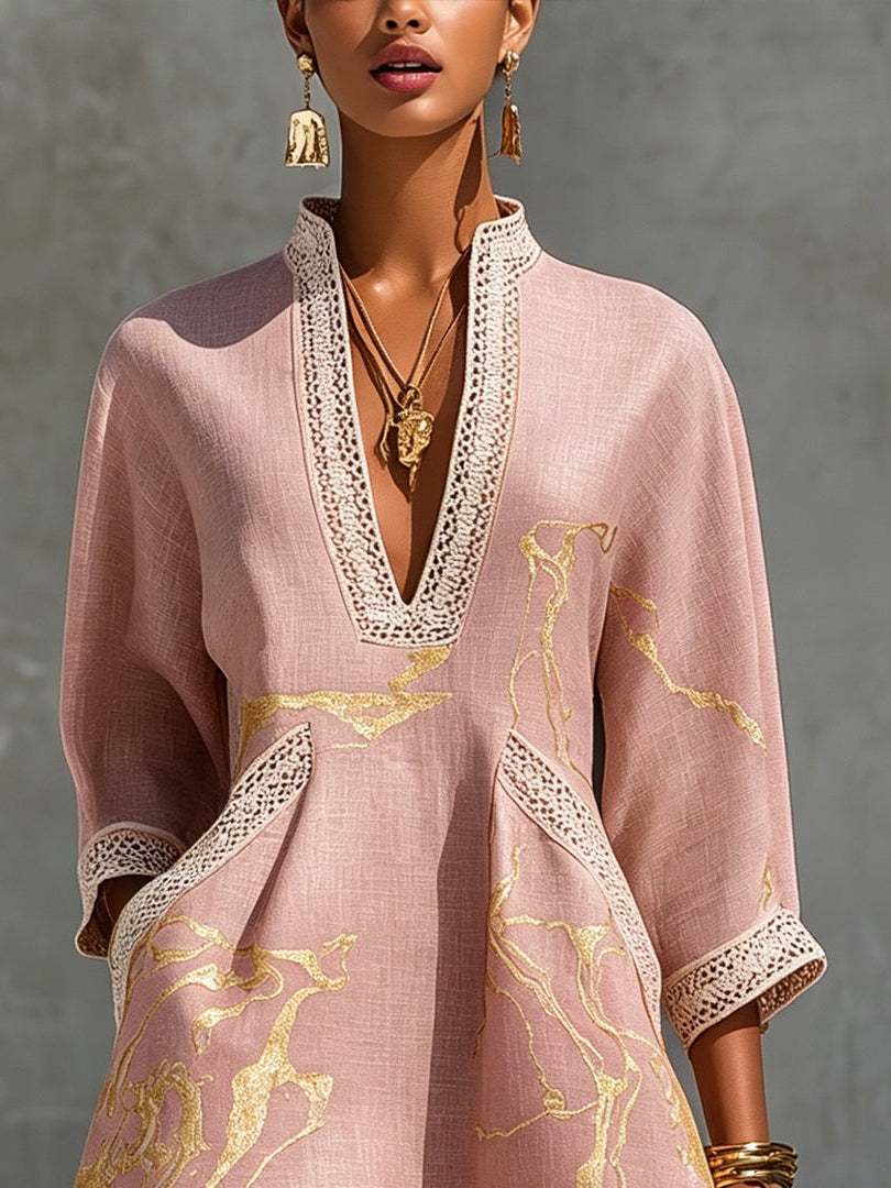 NINA | VESTIDO MINI DE ENCAJE ROSA Y DORADO