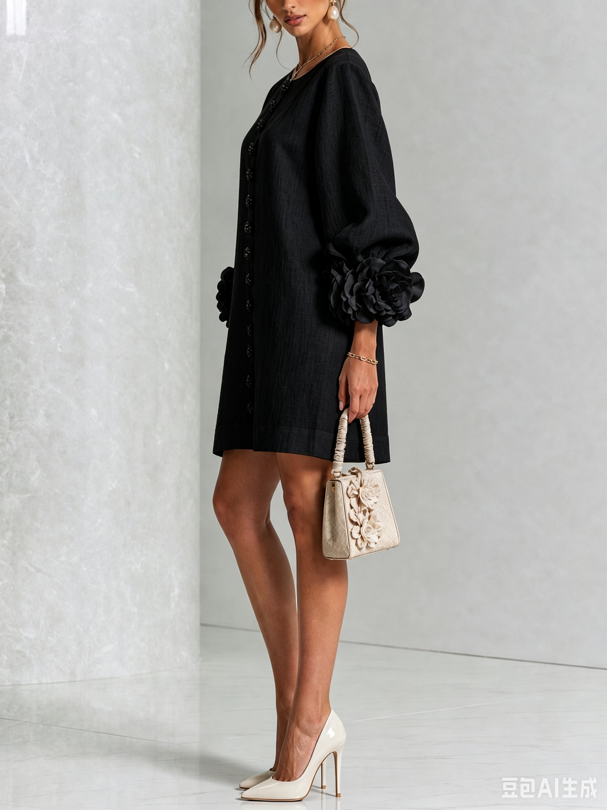 Mini-robe florale boutonnée avec poignets floraux originaux