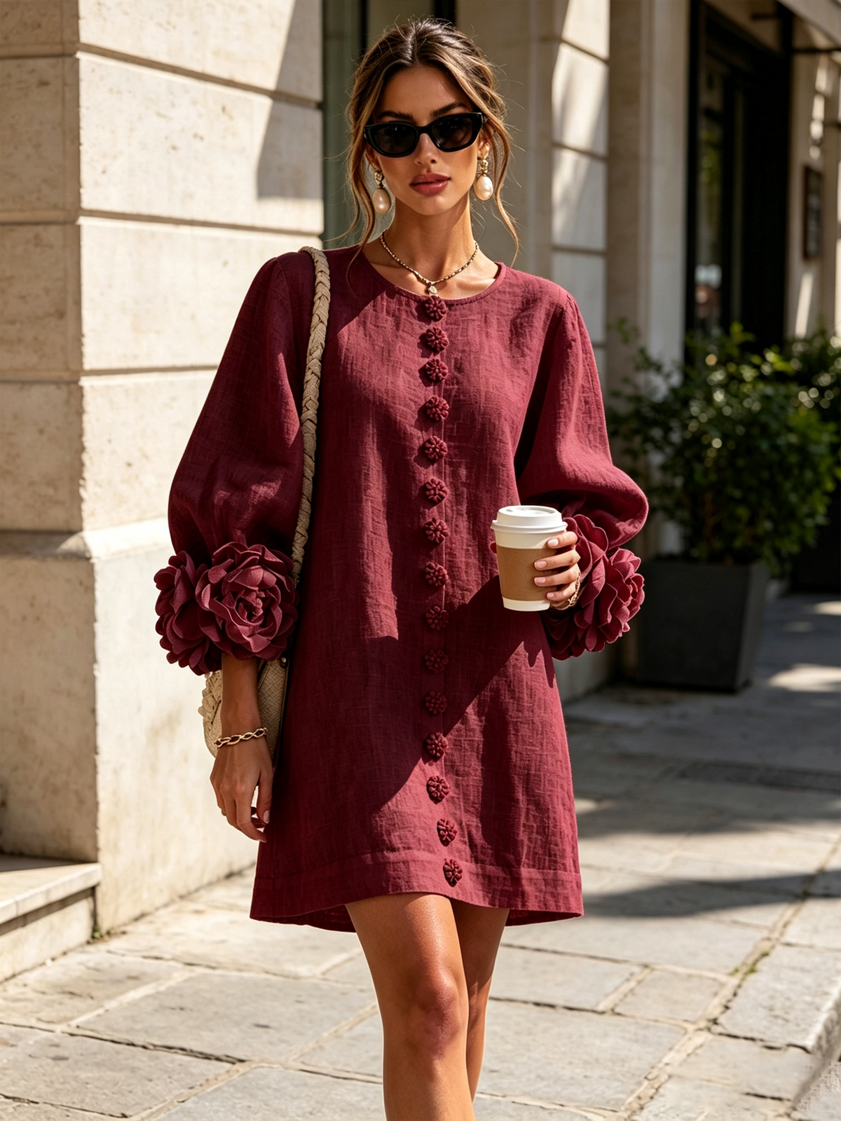 Mini-robe florale boutonnée avec poignets floraux originaux