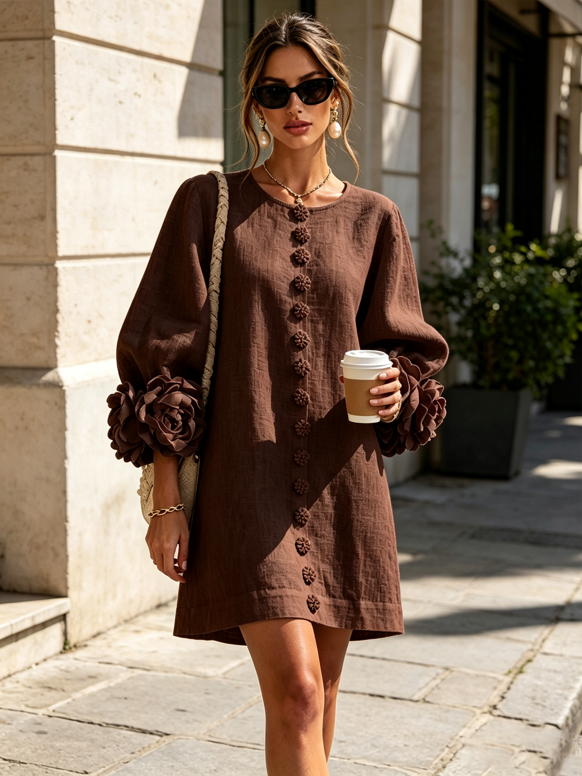 Mini-robe florale boutonnée avec poignets floraux originaux