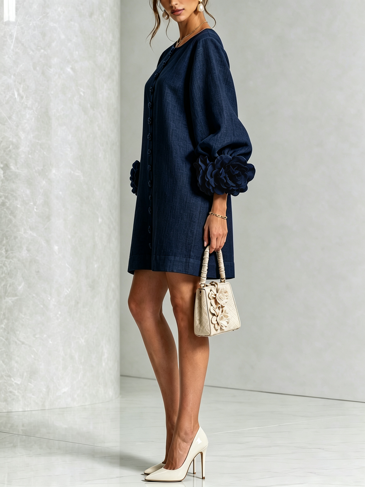 Mini-robe florale boutonnée avec poignets floraux originaux