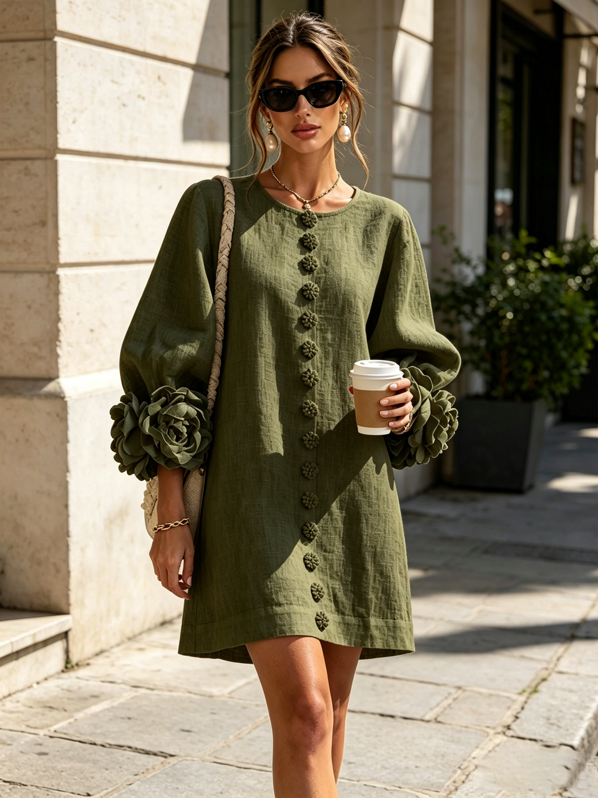 Mini-robe florale boutonnée avec poignets floraux originaux