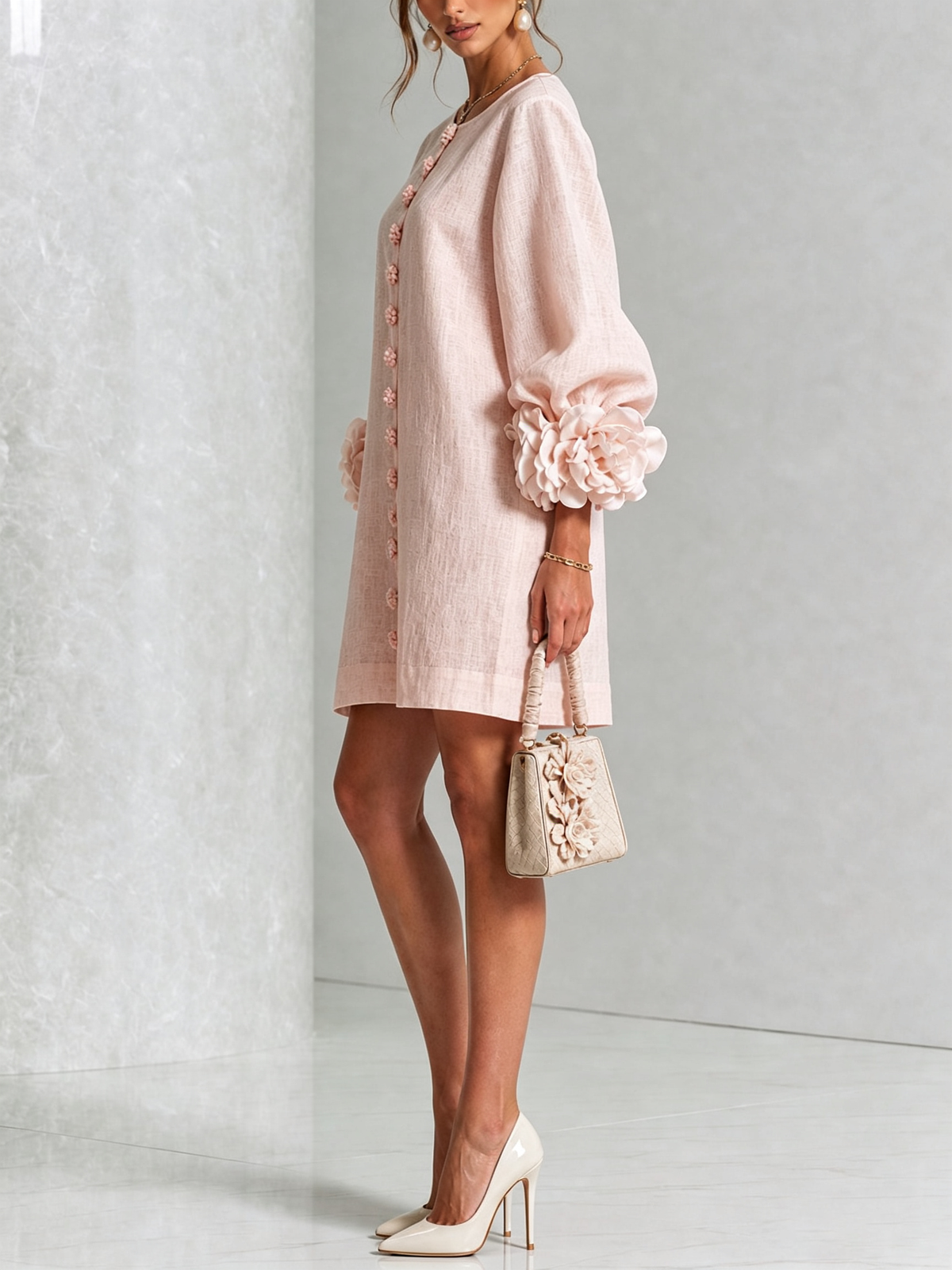 Mini-robe florale boutonnée avec poignets floraux originaux