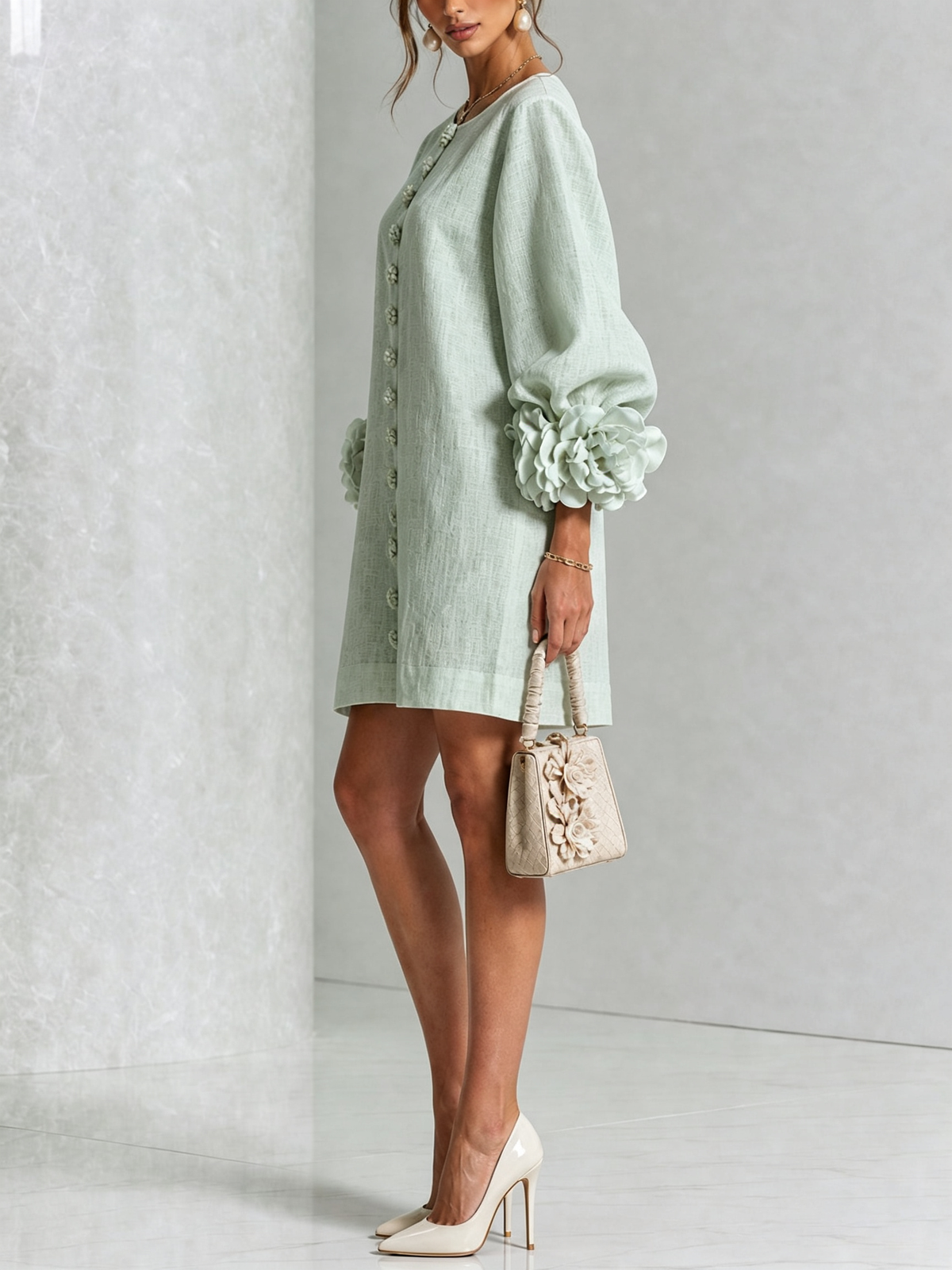 Mini-robe florale boutonnée avec poignets floraux originaux