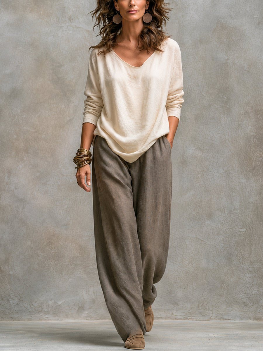 CONSTANCE | Ensemble trois pièces beige et gris, décontracté et superposé, avec pantalon palazzo élégant
