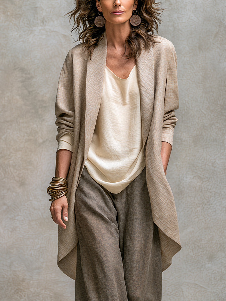 CONSTANCE | Ensemble trois pièces beige et gris, décontracté et superposé, avec pantalon palazzo élégant