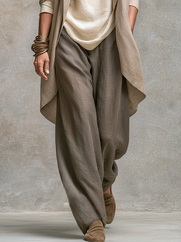 CONSTANCE | Ensemble trois pièces beige et gris, décontracté et superposé, avec pantalon palazzo élégant