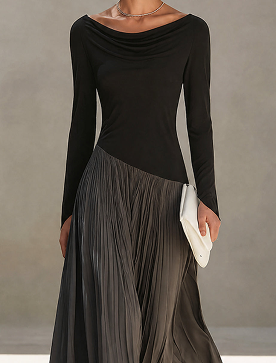 MARION | Robe maxi plissée à col drapé bicolore noire et grise
