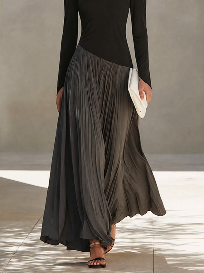 MARION | Robe maxi plissée à col drapé bicolore noire et grise