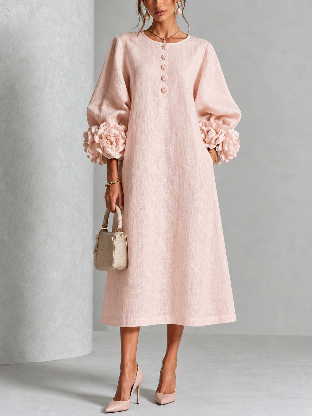 Margaux | Robe midi boutonnée à poignets rosette