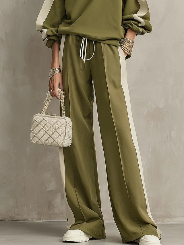 SONIA | Ensemble décontracté vert olive avec sweat-shirt à col rond et pantalon large à cordon de serrage