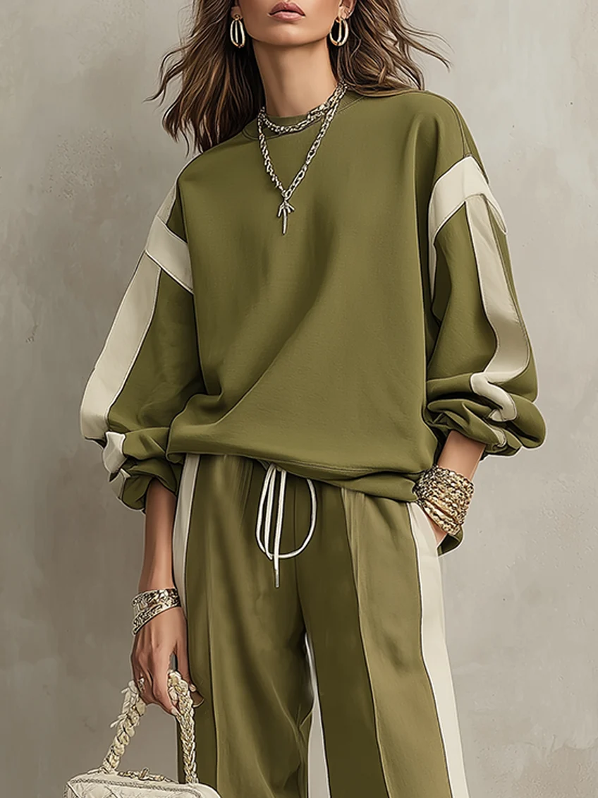 SONIA | Ensemble décontracté vert olive avec sweat-shirt à col rond et pantalon large à cordon de serrage
